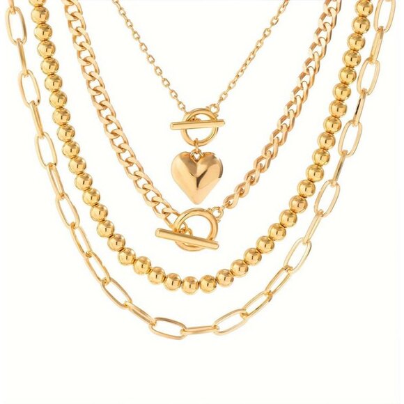 Gold-Plated Layered Heart Choker Necklace with Puffy Pendant - 35cm to 45cm - Picture 7 of 9